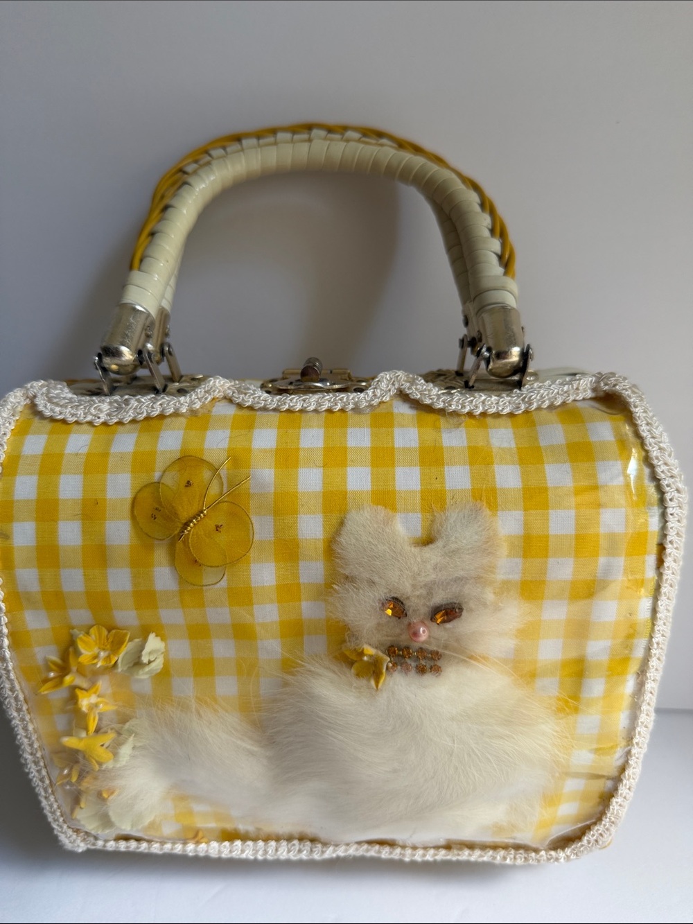 Rare 1960s Vintage Yellow Gingham Fur Accent Women's Handbag